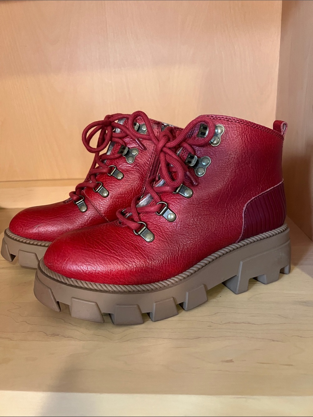 Kelsi Dagger Brooklyn Red Leather Lace-Up Lug Boots with Tan Sole